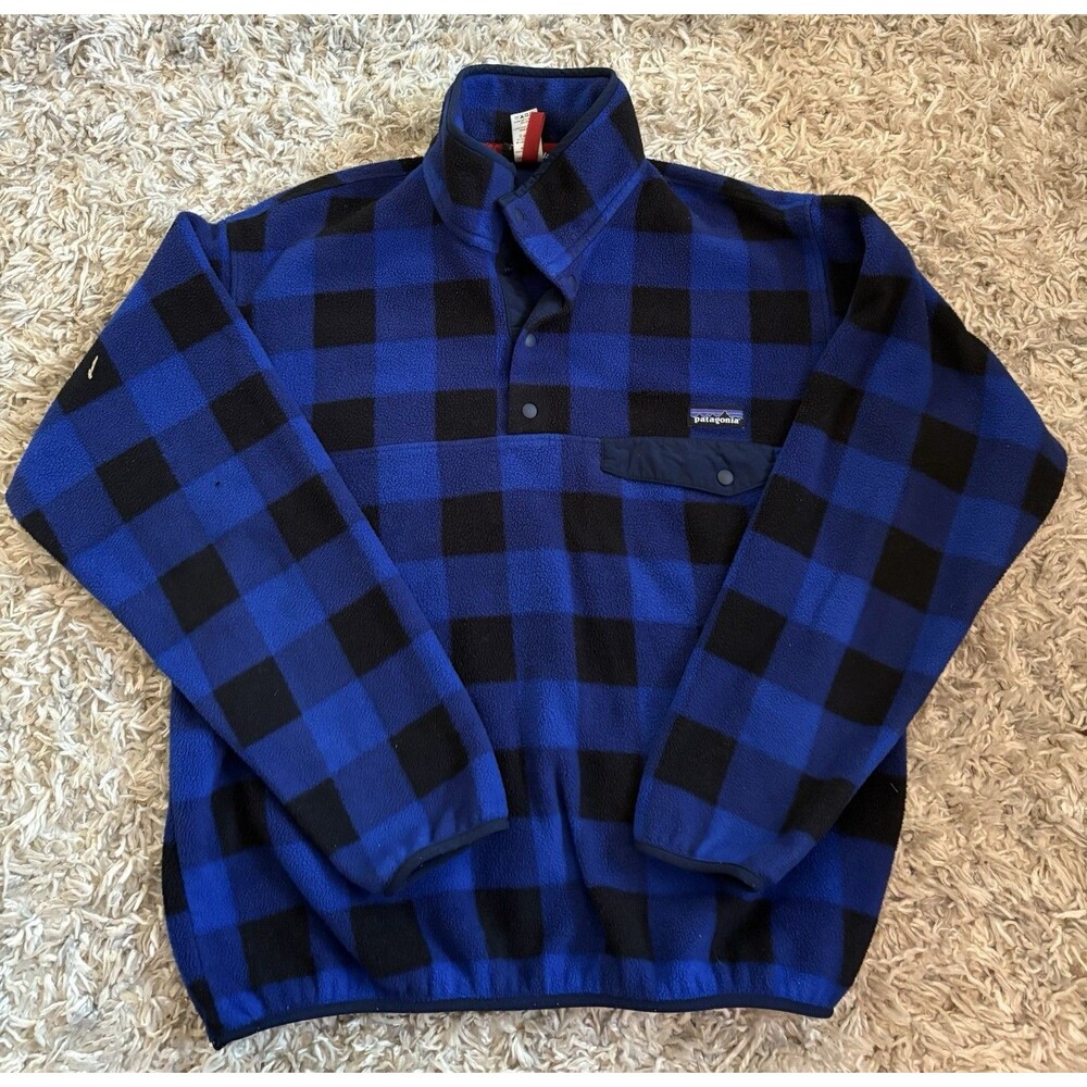 Patagonia Synchilla Snap T Mens Large Blue Buffalo Plaid Fleece Sweater